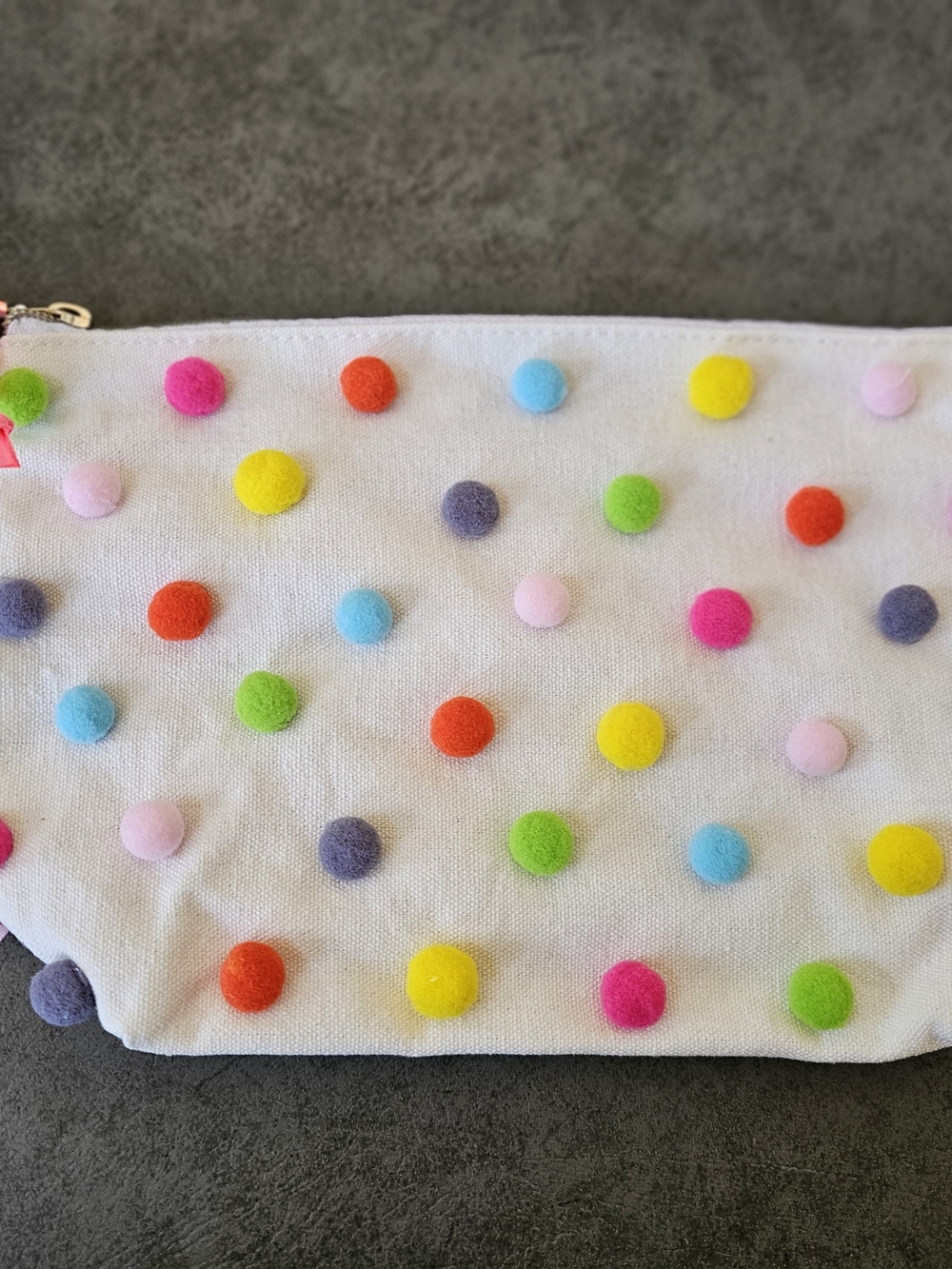 White Pom-Pom Cosmetic Pouch with Multicolor Dots